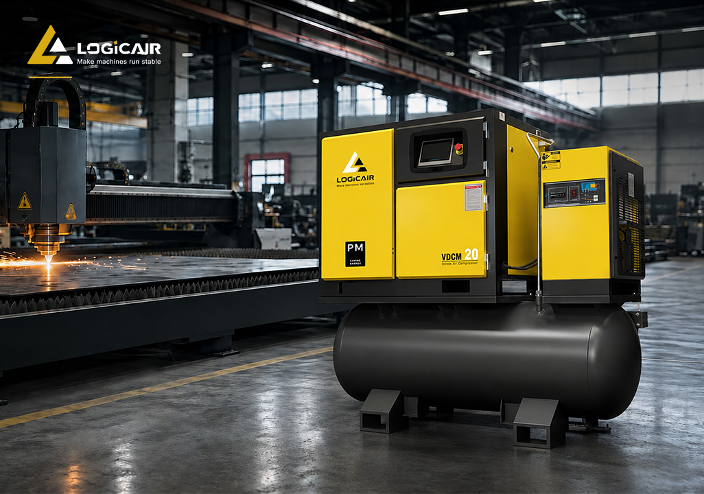 LOGICAIR Compressor Industrial-grade 4 in 1 screw air compressor with tank in a clean manufacturing workshop, positioned in front of a Laser Cutting machine.