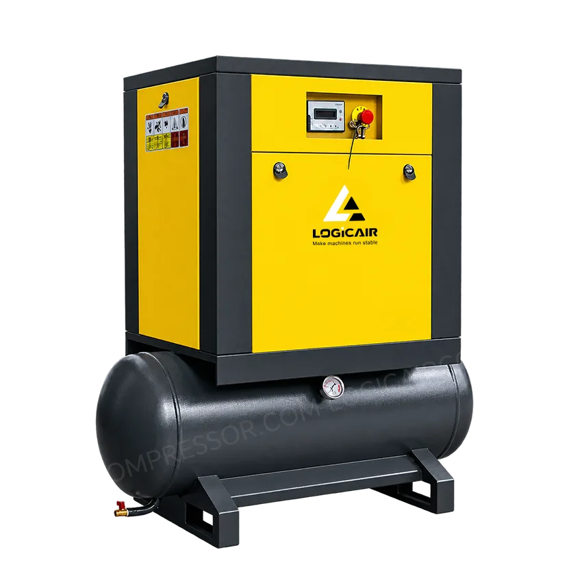 External front left view of a 2 in 1 screw air compressor showing the integrated exterior design