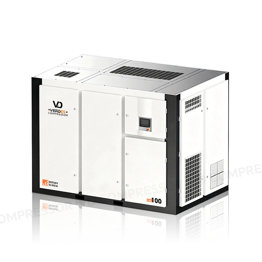 Front right view of a low pressure screw air compressor showing the exterior design and structure