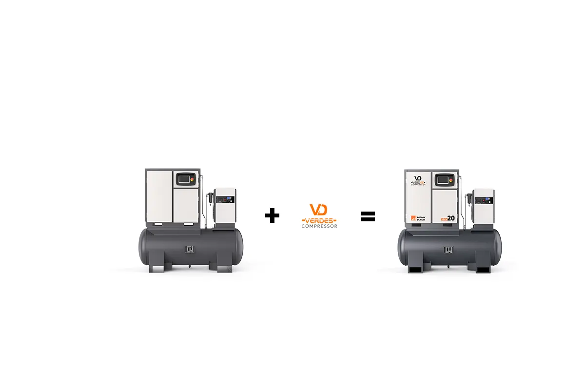 VD air compressor featuring a prominently displayed, custom-designed client company logo, showcasing seamless brand integration on industrial equipment