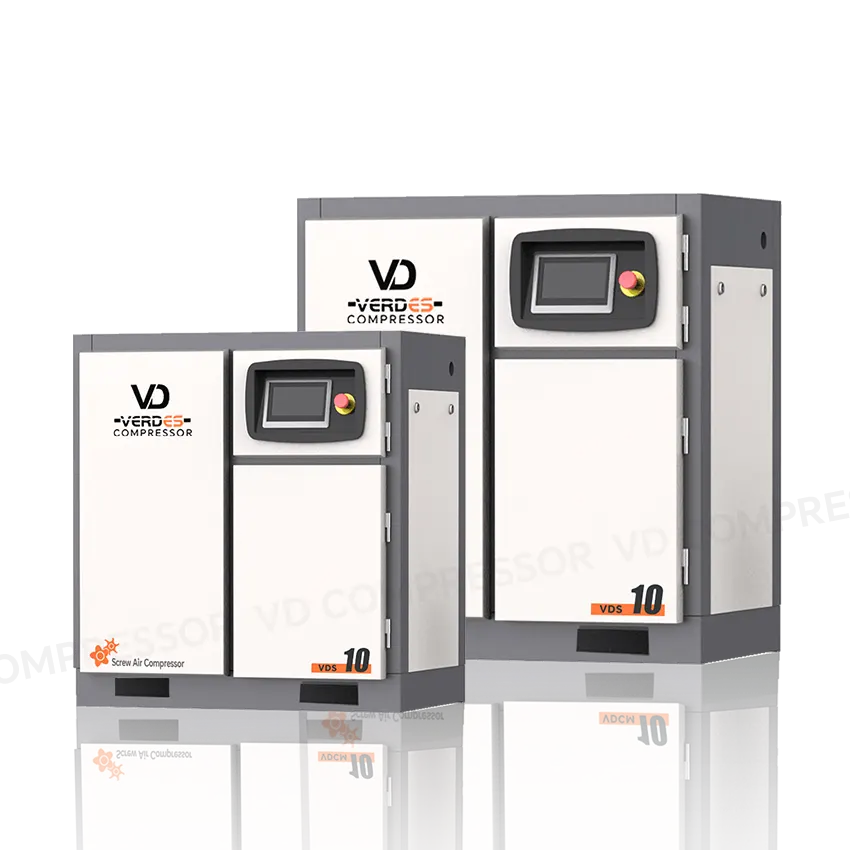 Front view of the PM VSD screw air compressor, showcasing the smart variable speed drive control panel, display, and main access door