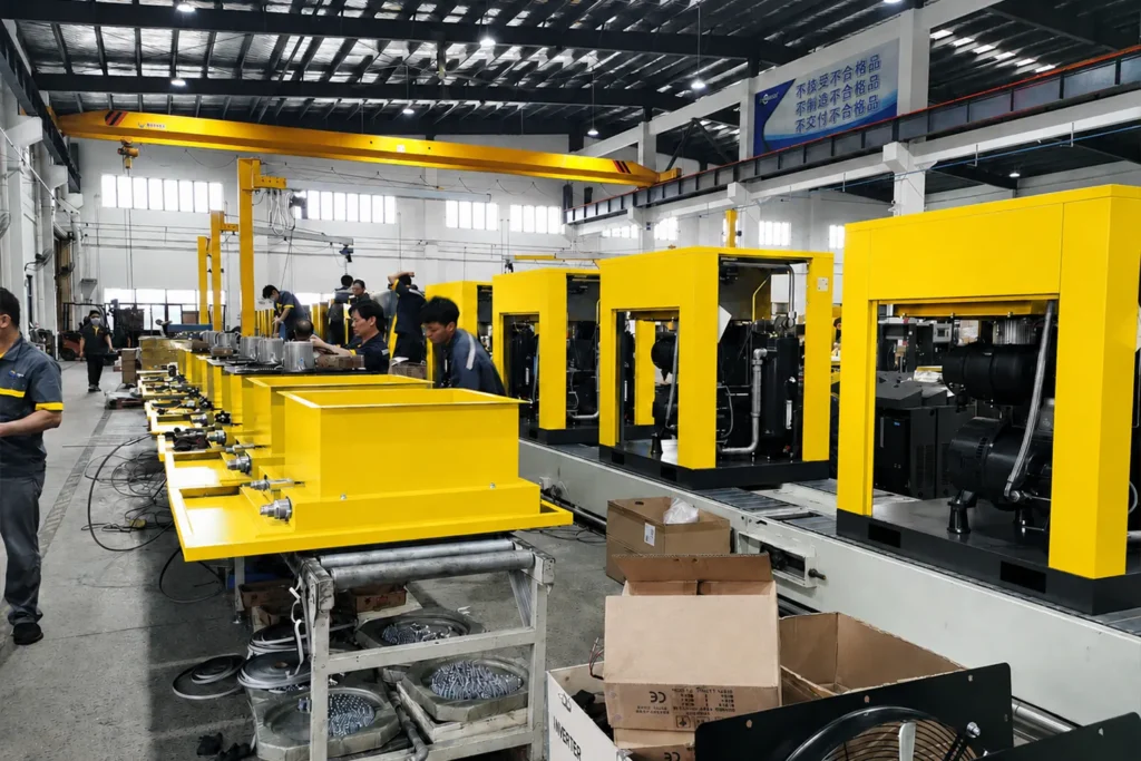 LOGICAIR industrial air compressor assembly line with workers in the manufacturing factory