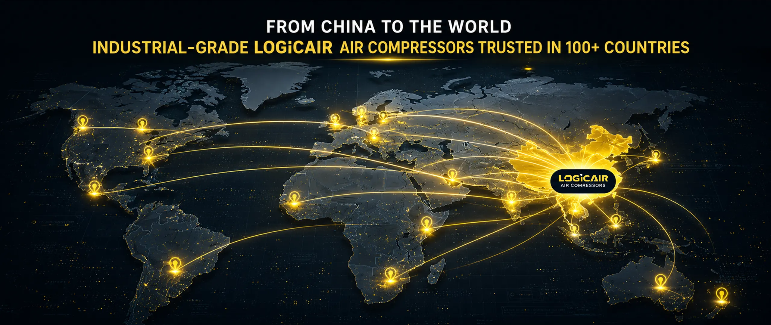 Interactive world map showing our company’s global reach, main clients in Asia, Europe, and America, highlighting industrial air compressor market presence