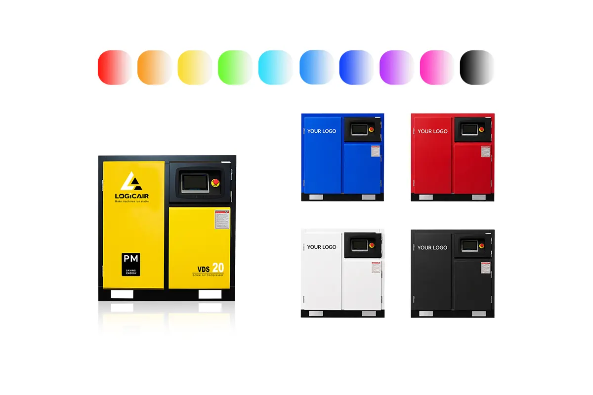 Custom color options for LOGICAIR air compressors, showing brand-matched industrial equipment painted in client-specific colors