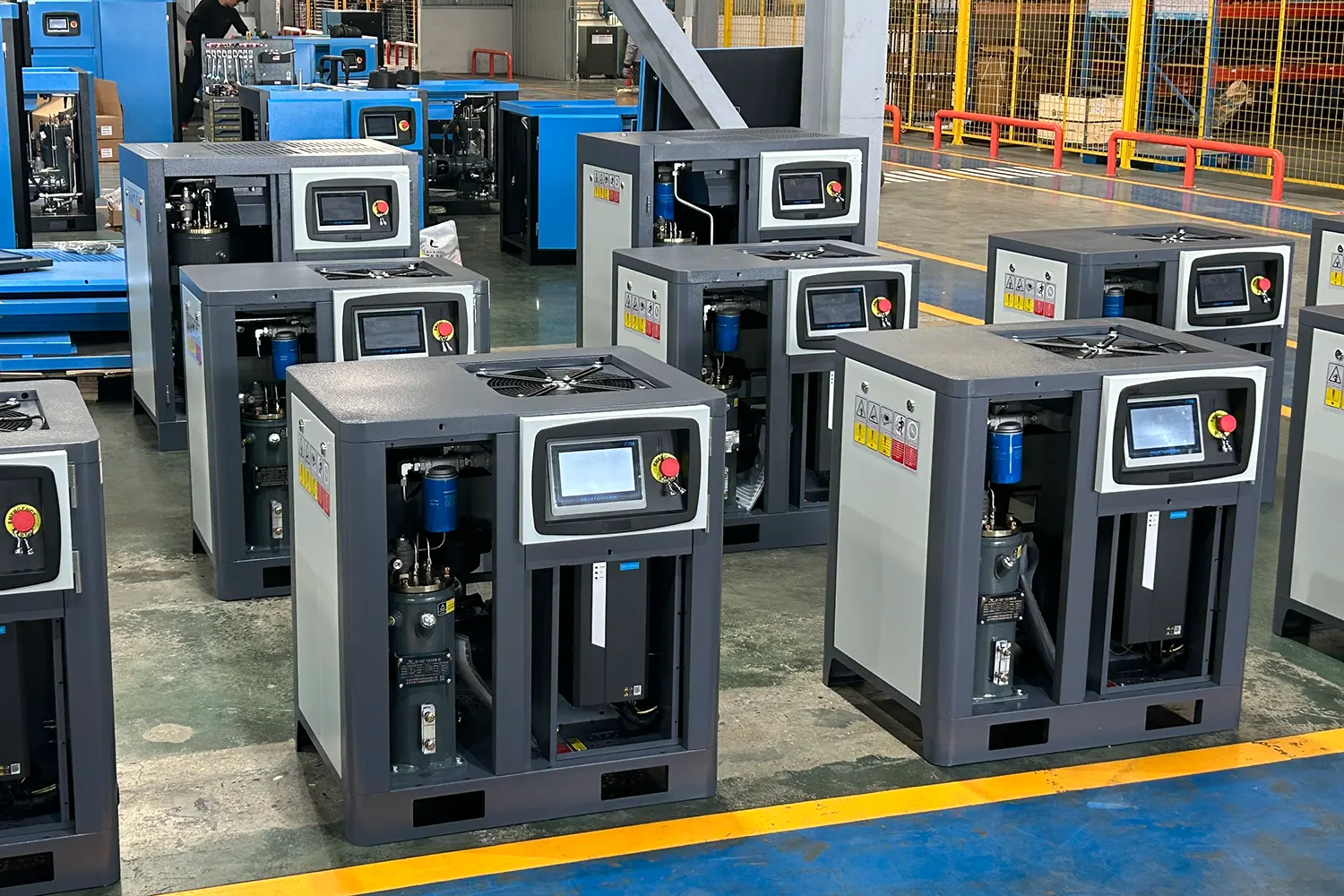 LOGICAIR OEM air compressor manufacturing with multiple customized screw air compressors in the factory