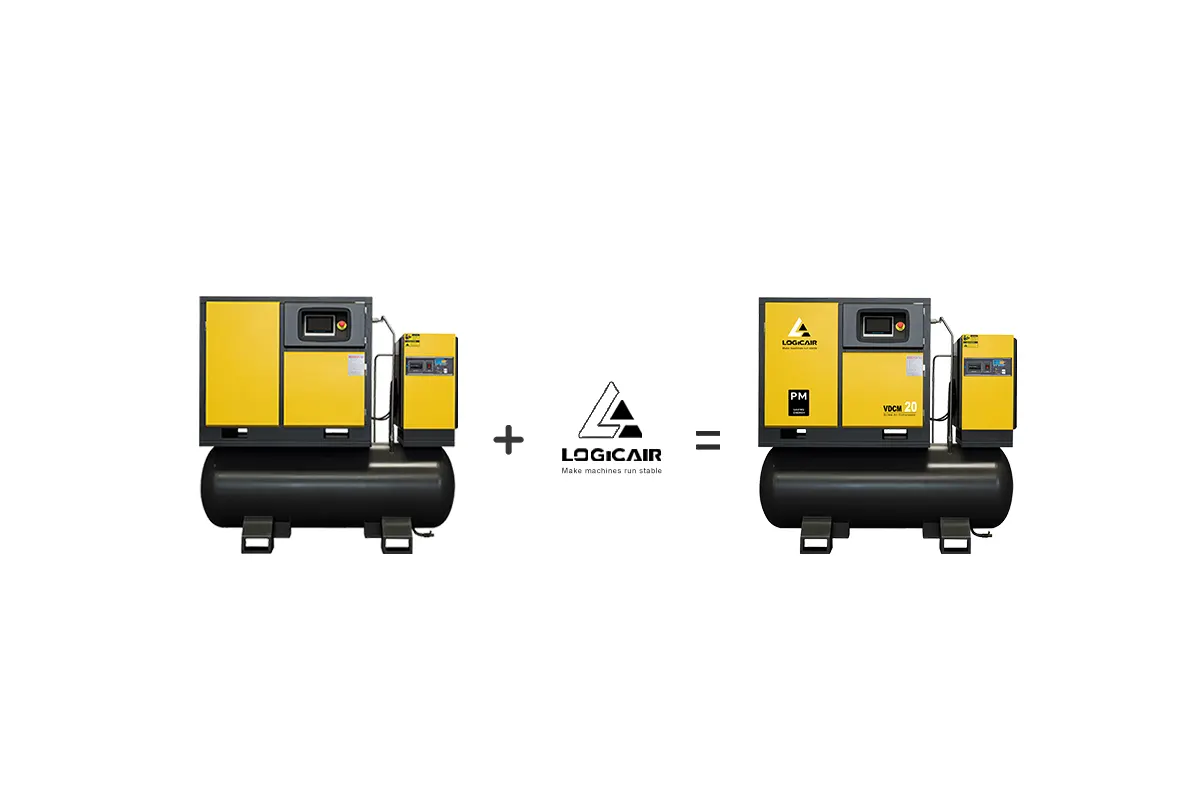 LOGICAIR air compressor featuring a prominently displayed, custom-designed client company logo, showcasing seamless brand integration on industrial equipment