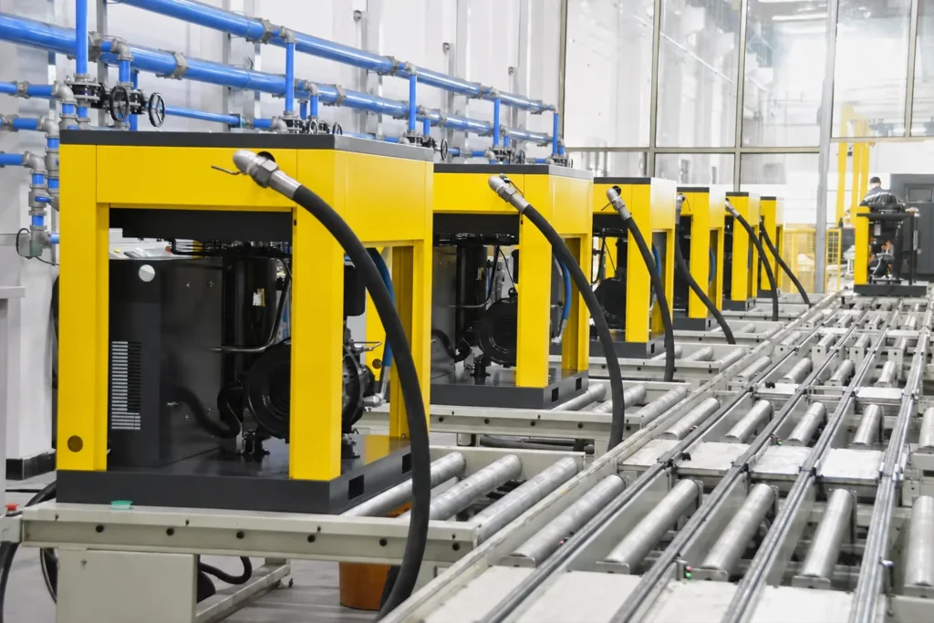 LOGICAIR air compressor testing line with multiple industrial screw air compressors in the factory
