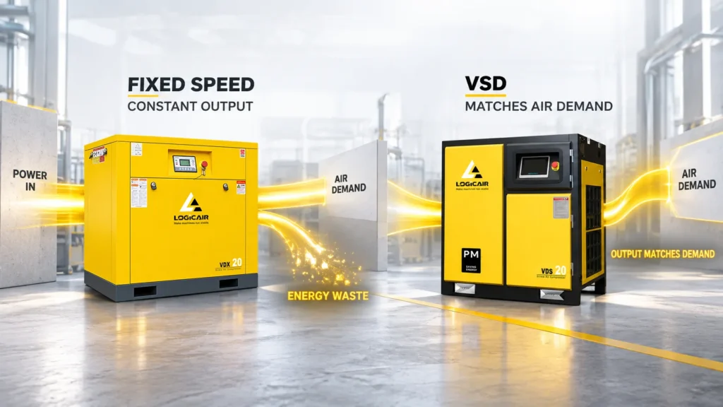 Fixed speed and VSD air compressor energy flow comparison showing energy waste and matched air demand